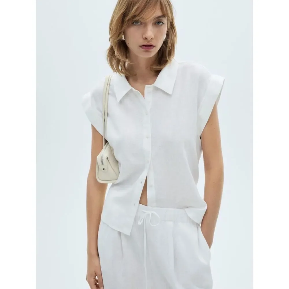 Mango Co-Ord Linen Set Flowy Pants and Blouse New